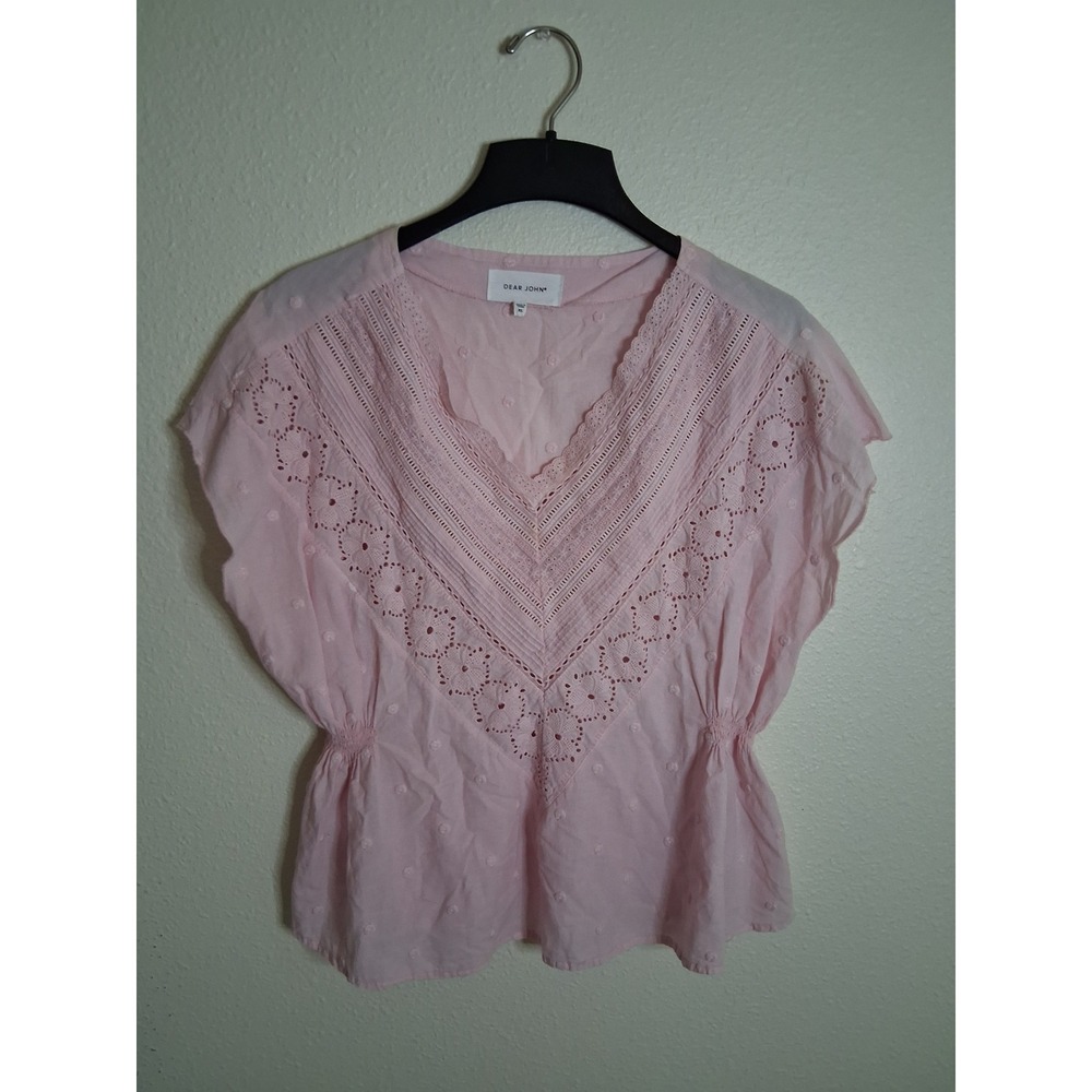 Dear John Pink Eyelet Lace Swiss Dot Cotton V-Neck Peplum Blouse Top XL - Picture 2 of 8